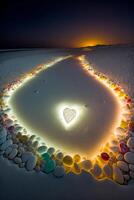 heart is surrounded by stones on a beach. . photo