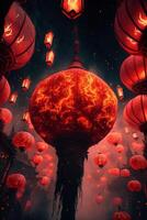 bunch of red lanterns hanging from the ceiling. . photo