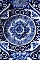 blue and white plate sitting on top of a table. . photo