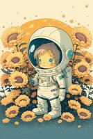 un astronauta en pie en un campo de girasoles generativo ai. foto