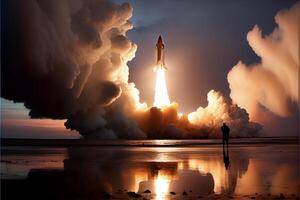 man standing on a beach looking at a space shuttle taking off. . photo