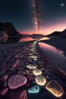 group of rocks sitting on top of a beach next to a body of water. . photo