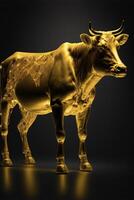 golden cow standing in front of a black background. . photo