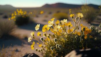 yellow flowers are growing in the desert near a rock. . photo