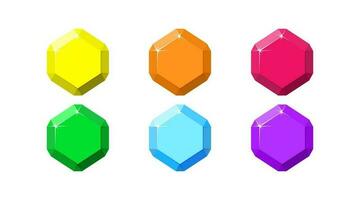 Hexagon colorful gemstones. Ruby, emerald, amethyst, diamond and quartz top view. Vector illustration