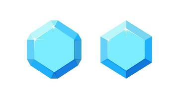 Diamonds with different cutting. Set of blue hexagon diamond crystals with top view. Vector illustration