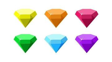 Hexagon colorful gemstones. Ruby, emerald, amethyst, diamond and quartz side view. Vector illustration