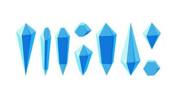 Ice crystal prisms or gem stones. Minerals or frozen pieces of ice for game design. Vector illustration