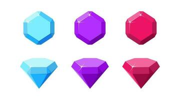 Hexagon colorful gemstones. Ruby, amethyst and diamond top and side view. Vector illustration