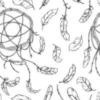 Dreamcatcher and feathers seamless pattern. Native american decor with feathers and dream catchers. Vector illustration