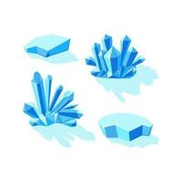 Ice crystals and icebergs isolated in white background. Set of druses and separate crystals made of blue mineral. Winter landscape elements. Vector illustration