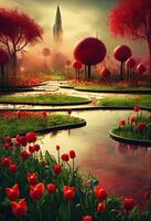 there is a picture of garden with red flowers and trees. . photo