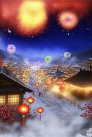 pintura de un pueblo con fuegos artificiales en el cielo. generativo ai. foto