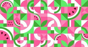 Seamless geometric pattern with watermelon in Bauhaus style. Texture of simple repeating shapes, mosaic of squares and triangles. Vector illustration for background, wallpaper