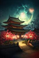 painting of a pagoda with a full moon in the background. . photo