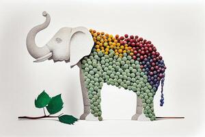 a picture taken from the bottom of elephant with rainbow - colored beaded . . photo