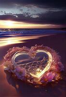 heart shaped mirror sitting on top of a sandy beach. . photo