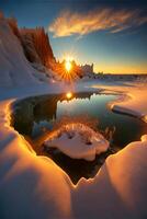 body of water surrounded by snow covered ground. . photo