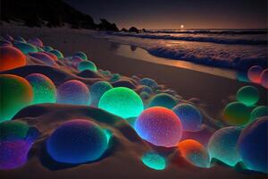 bunch of glowing balls sitting on top of a sandy beach. . photo