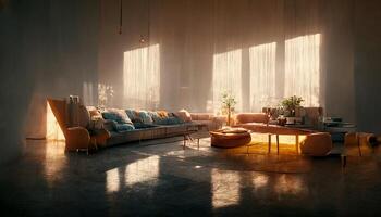 living room filled with furniture and large windows. . photo