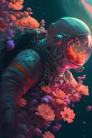 an astronaut floating in a field of flowers. . photo