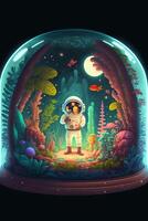 man in a space suit standing inside of a fish bowl. . photo