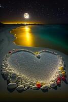 heart made out of stones on a beach at night. . photo