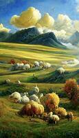 painting of a herd of sheep grazing in a field. . photo