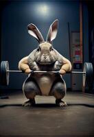 rabbit is lifting a barbell in a gym. generative ai. photo