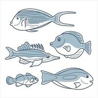 Set of vector outlineline illustrations of sea fishes with partial fill.