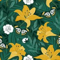 Seamless pattern with yellow lilies, leaves and butterflies. Vector graphics.