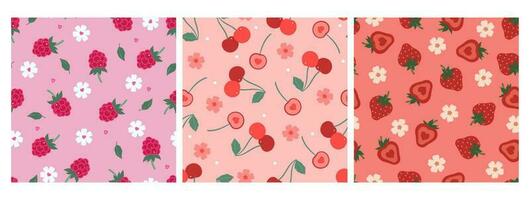 A set of simple patterns with berries and flowers. Vector graphics.