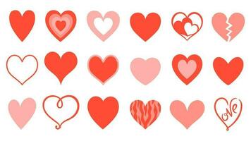 Set of hearts of different shapes isolated on white background. Vector graphics.