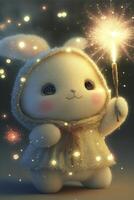 close up of a stuffed animal holding a sparkler. . photo
