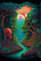 painting of a skull in the middle of a forest. . photo