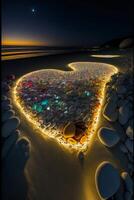 corazón hecho fuera de piedras en un playa a noche. generativo ai. foto