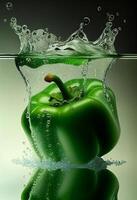 there is a green pepper being dropped into the water. . photo