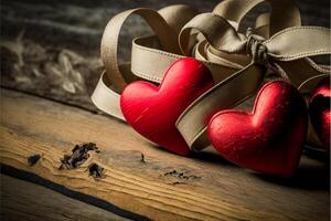 couple of red hearts sitting on top of a wooden table. . photo