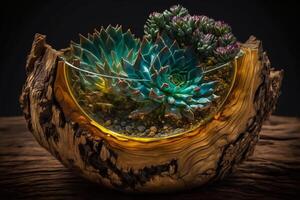 there is a small plant in glass bowl on wooden table. . photo