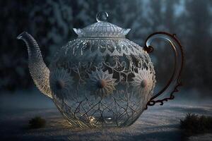 there is a glass teapot with lace pattern on it. . photo