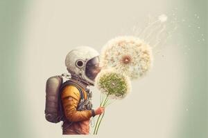 man in a space suit holding a bunch of dandelions. . photo