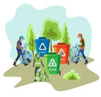 Eco friendly people garbage collector.Man with waste.People sort garbage by type into containers for recycling. Ecology concept. Flat vector illustration. Care garbage separation people sorting.