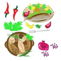 nacional cocina horneando menú platos desde vegetales y pescado restaurante cocina. un conjunto menú de delicioso platos de tradicional o nacional cocina en un plano dibujos animados dibujado a mano ilustración modelo. vector