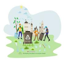 Eco friendly people garbage collector.Man with waste.People sort garbage by type into containers for recycling. Ecology concept. Flat vector illustration. Care garbage separation people sorting.