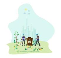 Eco friendly people garbage collector.Man with waste.People sort garbage by type into containers for recycling. Ecology concept. Flat vector illustration. Care garbage separation people sorting.