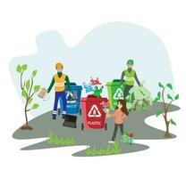 Eco friendly people garbage collector.Man with waste.People sort garbage by type into containers for recycling. Ecology concept. Flat vector illustration. Care garbage separation people sorting.