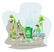 Eco friendly people garbage collector.Man with waste.People sort garbage by type into containers for recycling. Ecology concept. Flat vector illustration. Care garbage separation people sorting.