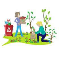 Eco friendly people garbage collector.Man with waste.People sort garbage by type into containers for recycling. Ecology concept. Flat vector illustration. Care garbage separation people sorting.