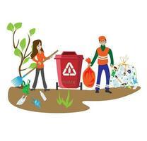 Eco friendly people garbage collector.Man with waste.People sort garbage by type into containers for recycling. Ecology concept. Flat vector illustration. Care garbage separation people sorting.