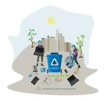 Eco friendly people garbage collector.Man with waste.People sort garbage by type into containers for recycling. Ecology concept. Flat vector illustration. Care garbage separation people sorting.